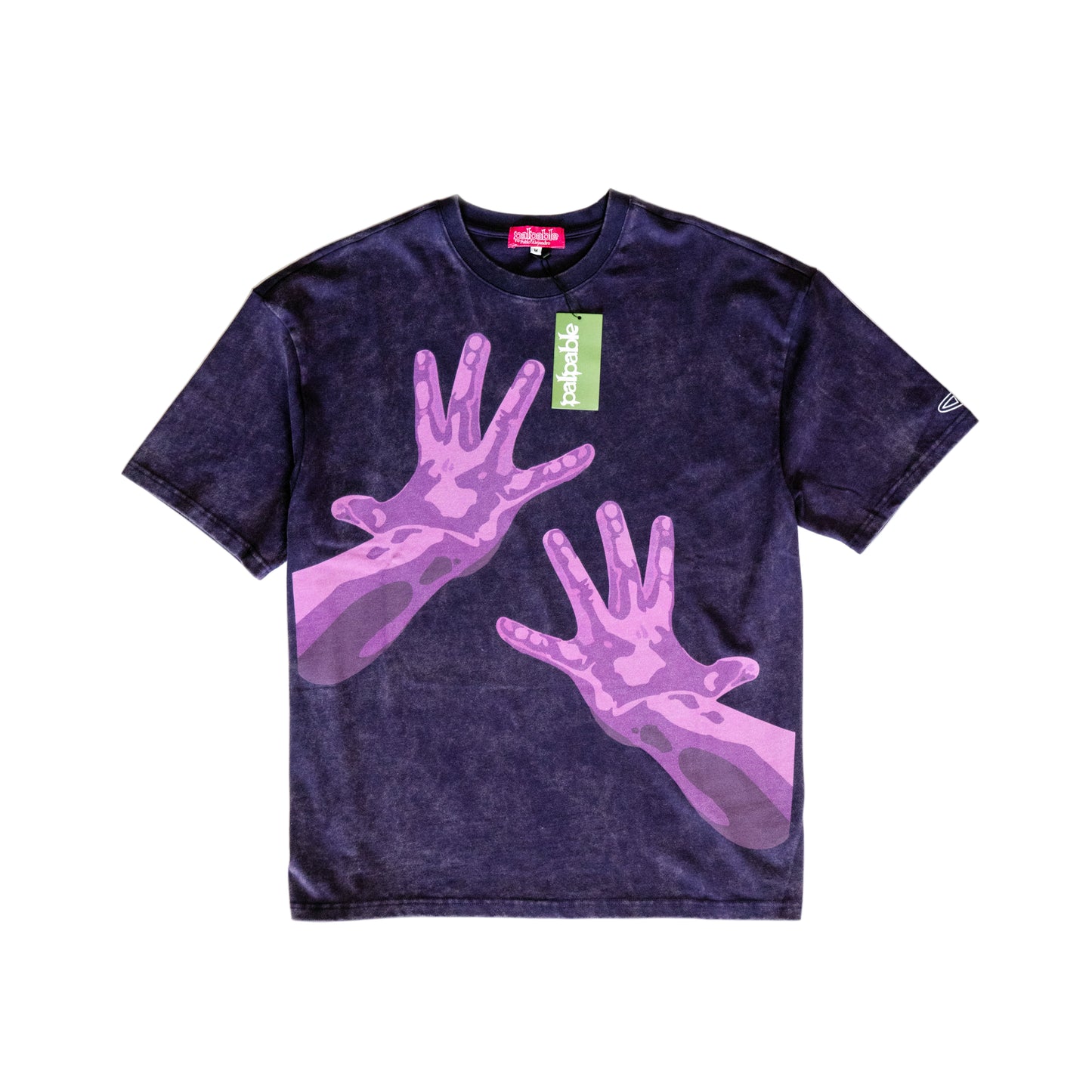 A purple, solid-colored, heavy-weight 100% cotton T-shirt with a screen printed design on the front and back, featuring a tag that says 'PALPABLE'.